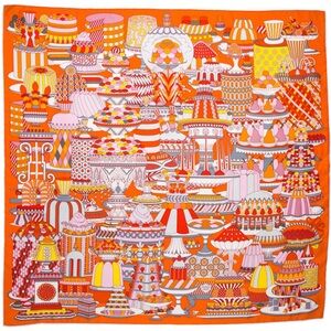 HERMES Silk Scarf La Patisserie Francaise Scarf 90 Orange Rose Gris